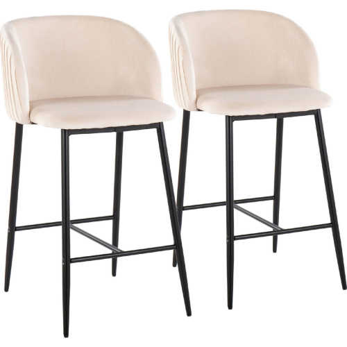 Fran Pleated Counter Stool in Black Metal & White Velvet (Set of 2)